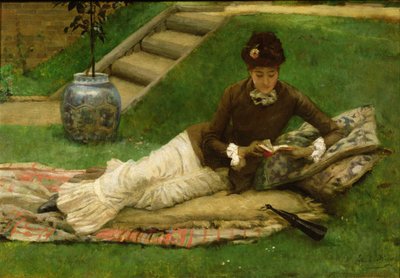 Il romanzo, una signora in un giardino che legge un libro da Frank Dicey